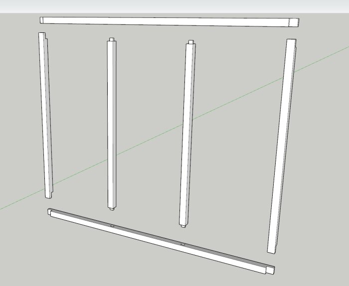 Datorgenererad bild av fem avsmalnande stolpar och två horisontella balkar, troligen möbeldesign eller strukturell skiss.