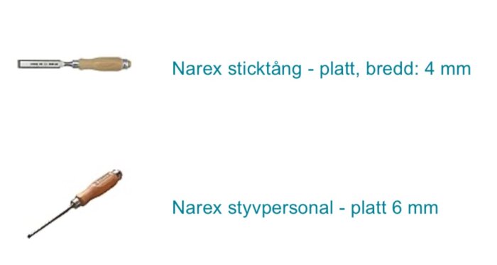 Två Narex träverktyg: en sticktång på 4 mm och en styvpensel på 6 mm.