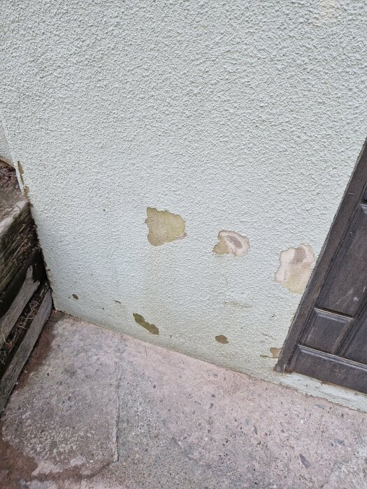 Vägg med flagande färg vid ett hörn intill en dörr och betonggolv. Slitage och väderpåverkan synligt.