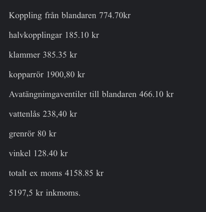 Lista med VVS-artiklar och priser på svenska, inklusive totalt pris med och utan moms.