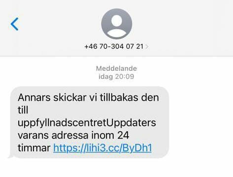 Skärmdump av ett SMS-meddelande med ett potentiellt misstänkt eller skadligt länk och text som kan tyda på bluff.