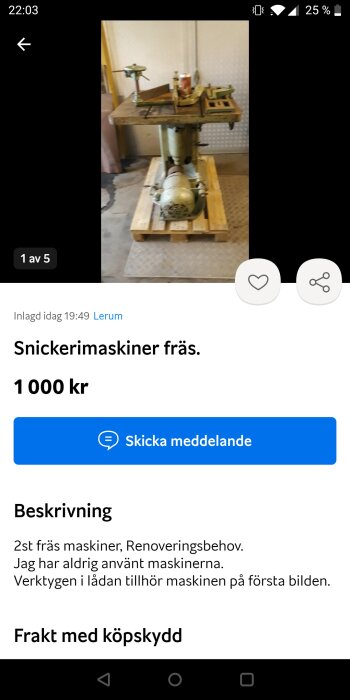 Verktygsmaskin, möjligt fräs, på pall, säljes, oanvänd av ägare, renoveringsbehov, tillbehör i låda medföljer.