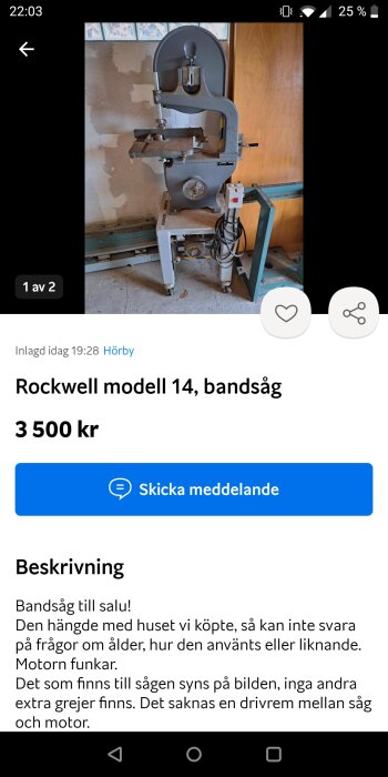 En Rockwell modell 14 bandsåg till salu, använt skick, utan drivrem och extra tillbehör.