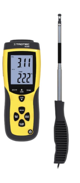 Digital anemometer med LCD-skärm, gulfärgad med temperaturdisplay, och utdragbar vindhastighetssensor.