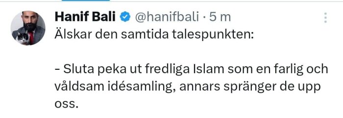 Skärmbild av Twitter-inlägg, innehåller text och profilbild med man och hund. Ironi kring samtidens syn på islam.