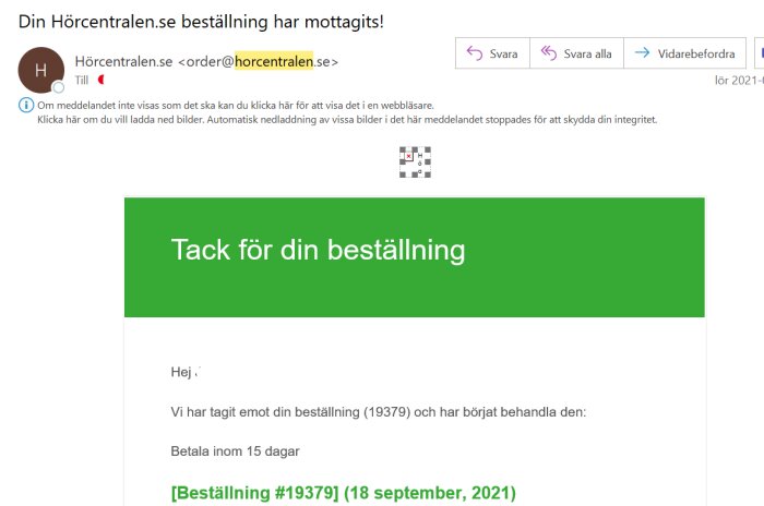 E-postbekräftelse, beställning mottagen, grönt, betalningsinstruktioner, beställningsnummer, datum.