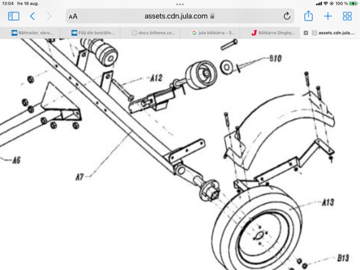 Teknisk ritning, delar av fordon eller maskin, hjul och axlar, monteringsinstruktioner, exploderad vy.