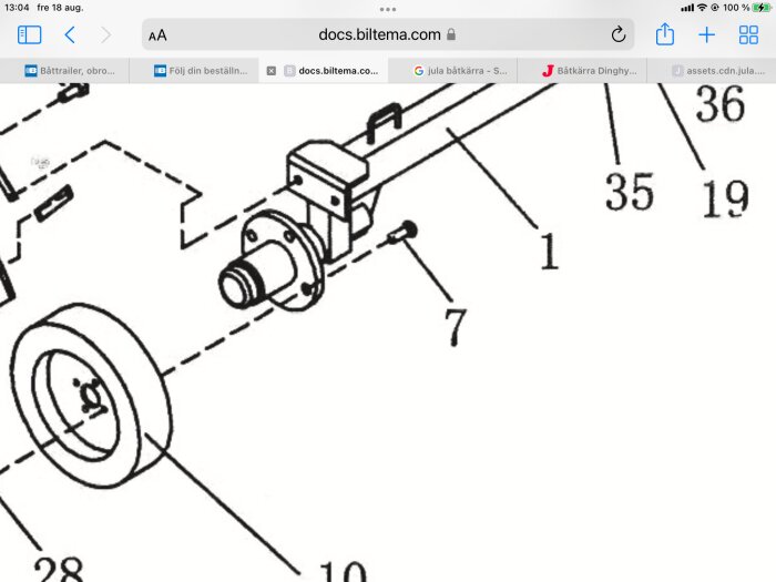Teknisk ritning, isometrisk vy, hjul och axelanordning, delar numrerade för montering eller referens.