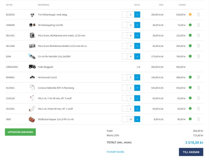 Skärmklipp av en online kundvagn fylld med VVS-produkter och deras priser i svenska kronor.