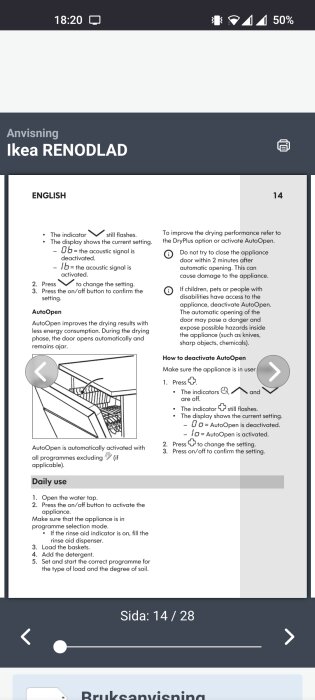 Instruktionssida för Ikea RENODLAD diskmaskin, inställningar, AutoOpen-funktion, daglig användning, på engelska.
