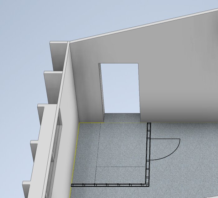 3D-modell av en trappa och ett rum, arkitektonisk design, gråskalor, minimalistiskt, inget tak.