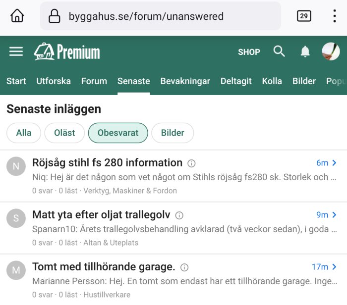 Webbsida för forum, inlägg om verktyg, byggnad, trallbehandling, ingen respons ännu.