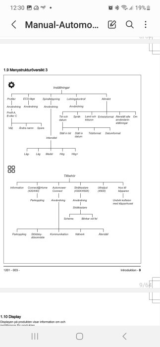 En skärmbild av en digital manual, visar menystruktur med inställningar, tillbehör på svenska.