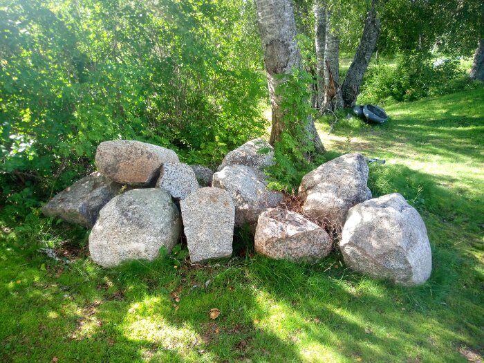 Stenar i en hög nära träd och gräs, sannolikt på sommaren.