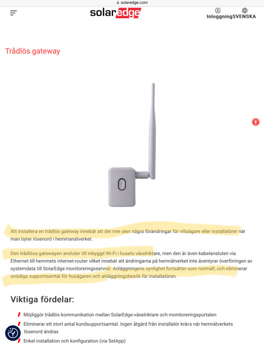 En trådlös gateway för kommunikation mellan växelriktare och övervakning, enkel konfiguration, inget hemnätverkslösenord ändras.