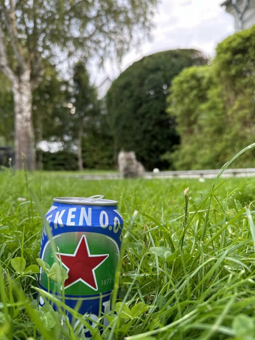 En ölburk märkt "Heineken 0.0" på gräs med suddig bakgrund av träd och buskar.