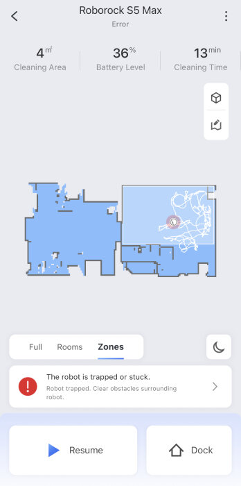 Appskärm för Roborock S5 Max visar rengöringskarta, batterinivå, fast robot.