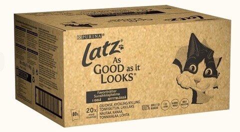 Förpackning med kattmat från Purina Gourmet Gold, Lattz-serien, med olika smaker, i 80-pack.