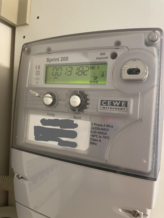 Elmätare, Sprint 200, CEWE Instrument, display, förbrukning av elektrisk energi (kWh), inställningsknappar, teknisk information.