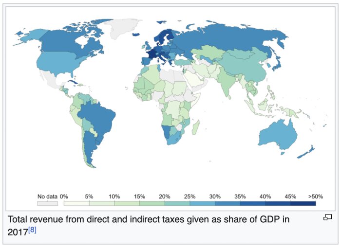 Världskarta som visar andelen BNP från direkta och indirekta skatter per land 2017.