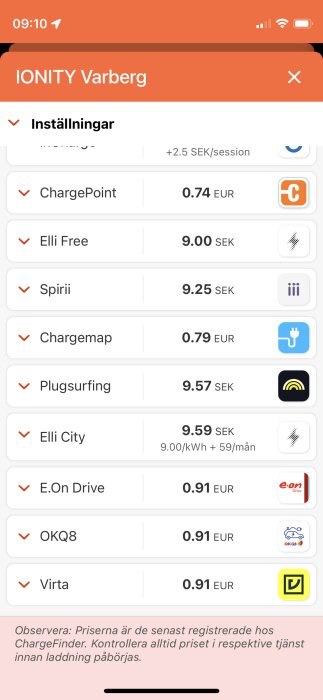Skärmdump av app som visar olika laddningsalternativ och priser för elbil i Varberg, varningsmeddelande längst ned.