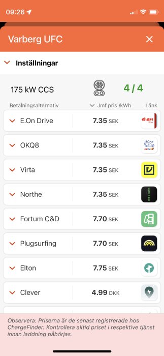 Skärm med elbilsladdningsalternativ, priser per kWh, betalningsmetoder och företagslogotyper, notis om prisuppdateringar.