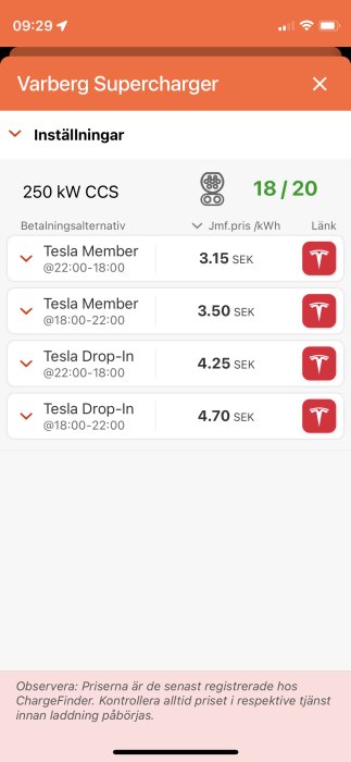 Skärmklipp av Tesla Supercharger-laddningspriser och tillgänglighet i Varberg, olika tider och medlemskap, i SEK.