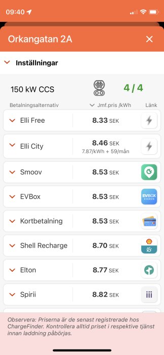 Mobilskärmdump visar elbilsladdningsalternativ med priser i SEK, inställningar, och betalningsmetoder.