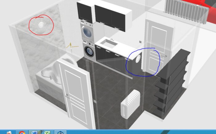 3D-modell av ett kompakt badrum och kök, med vitvaror, trappa, och inredningsdetaljer markerade med cirkelnotationer.