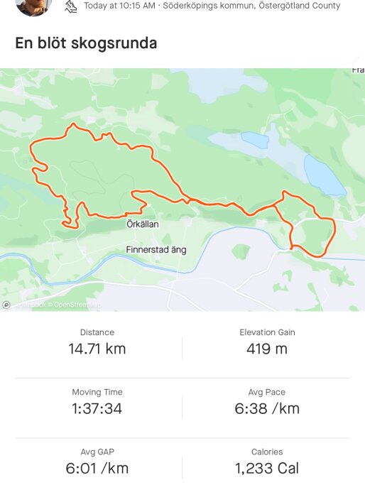 Kartöversikt över en löprunda på 14,71 km, kuperad terräng, med tider och kaloriförbränning.