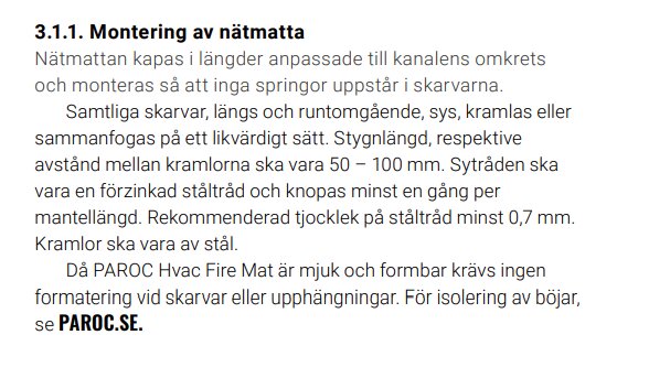 Svensk text om montering av nät för kanaler, krav på material och metod, hänvisning till PAROC.SE.