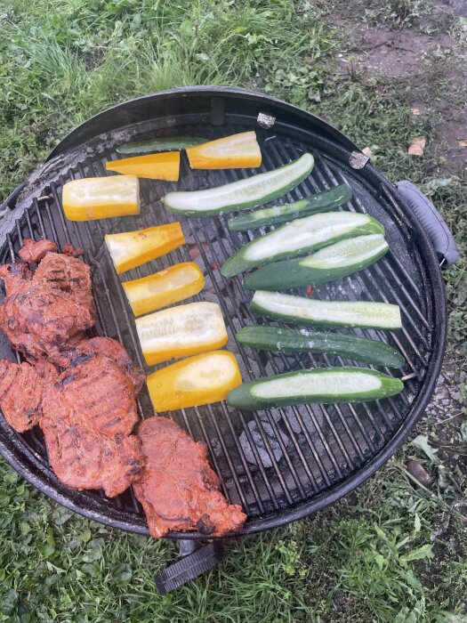 Grill med kött och grönsaker; paprika och zucchini på kolgrill utomhus mot gräs.