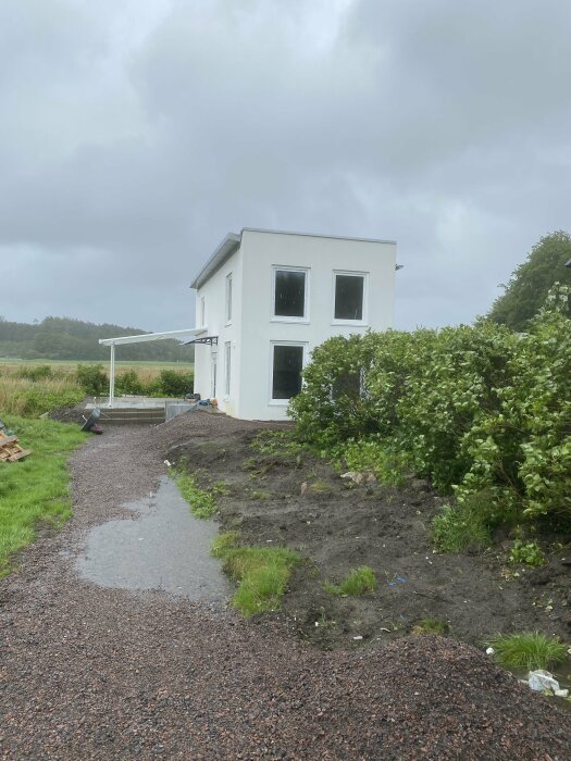 Vitt hus, två våningar, molnig himmel, ogräsmark, grusstig, vattenpölar, pågående trädgårdsarbete, byggnadsmaterial, landsbygd.