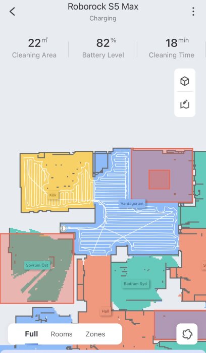 Appskärm för robotdammsugare med karta, rengöringsstatus, batterinivå och rumsetiketter.