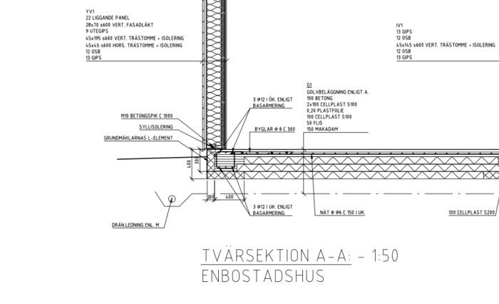 Teknisk ritning, sektion av hus, konstruktionsdetaljer, isolering, byggmaterial, grundläggning, måttskaladritning.