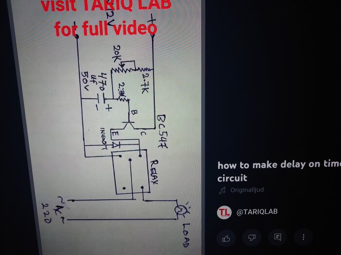 Elektroniskt kretsdiagram som visar komponenter för tidsfördröjning, inklusive transistor, motstånd, kondensator och relä.