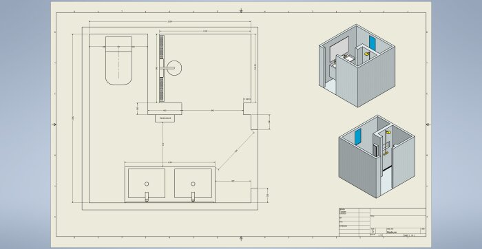 Arkitektonisk ritning och 3D-modeller av ett litet badrum med måttangivelser.