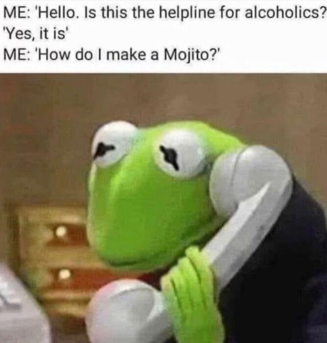 Kermit the Frog på telefon, humoristisk text om alkoholhjälplinjen och mojitos.