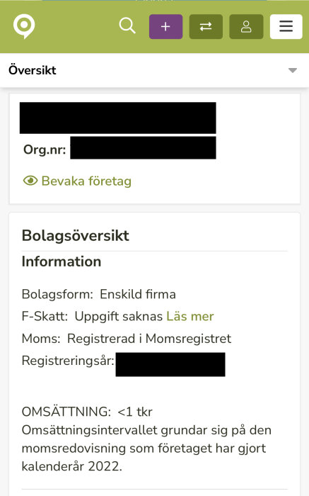 Skärmdump av företagsprofil, ekonomisk information, företagstyp, momsregistrering, omsättning under tusen kronor.