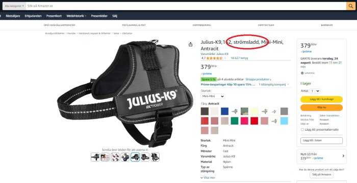 Svart hundsele, Julius-K9 märke, bildskärmsdump från Amazon med produktinfo och pris.