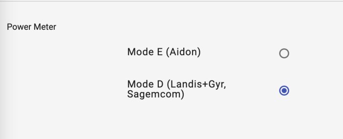 Inställningsgränssnitt för en effektmätare med två lägen: Mode E (Aidon), Mode D (Landis+Gyr, Sagemcom) valt.