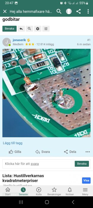 Skärmdump av ett forum, inlägg med ett kretskort och lödningar, diskussion om hemanvändares teknikreparationer.