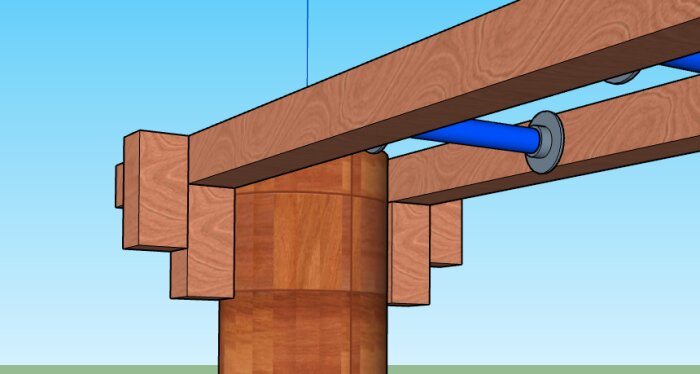 Träbjälklag med blå rör, detalj CAD-modell, konstruktionssnitt, träpelare, bjälkar med ursparingar, enkel himmel och gräsmark.