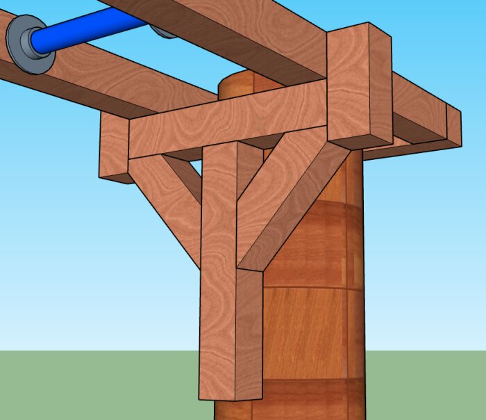 3D-modell av en träkonstruktion, möjlig mekanisk arm eller hävarm med blå cylinder, mot blå himmel och grön mark.