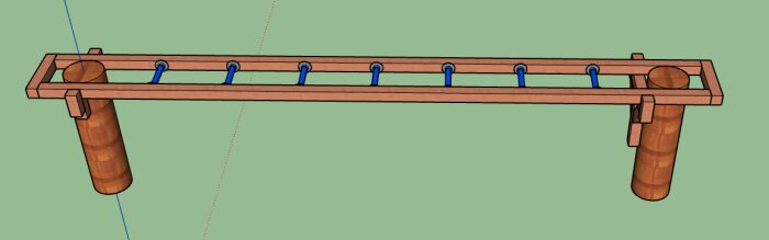 3D-modellerad träkonstruktion, troligen ett instrument eller redskap, med cylindriska handtag och blå detaljer.