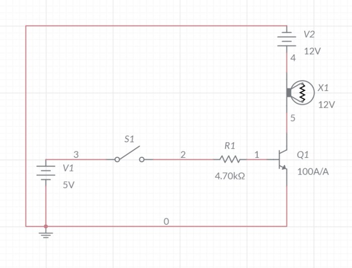 Enkelt elektriskt kretsdiagram med strömbrytare, motstånd, lysdiod, transistor och två spänningskällor.