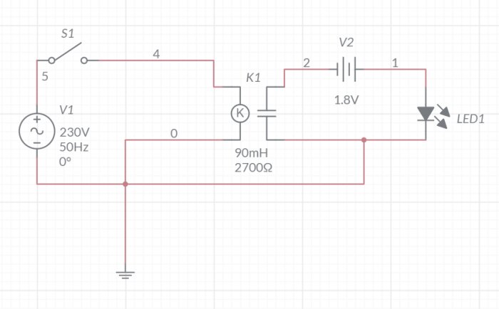 Elektriskt kretsdiagram, växelström, relä, kondensator, resistor, induktor och en lysdiod.