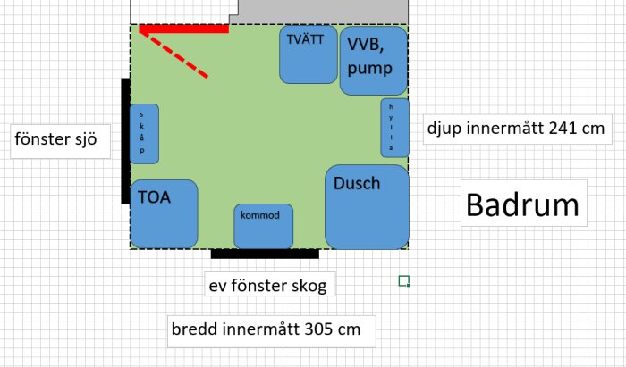 Ritning av badrum med toalett, dusch, tvätt, värmeväxlarpump, måttangivelser och fönster mot sjö och skog.