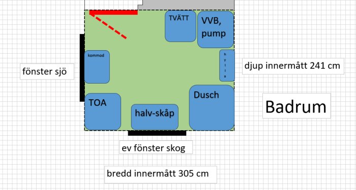 Plant ritning av badrum: toalett, halvskåp, tvättstuga, varmvattenberedare, pump, dusch. Mått och potentiella fönster angivna.