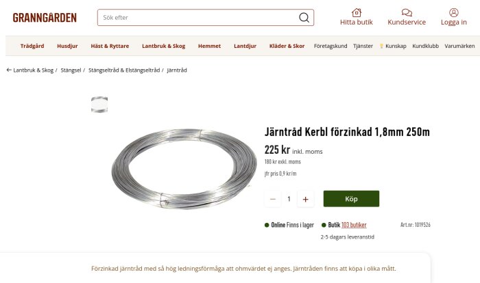 E-handelswebbplats som visar förzinkat järntråd, 1,8 mm tjockt, 250 meter, pris 225 kronor.